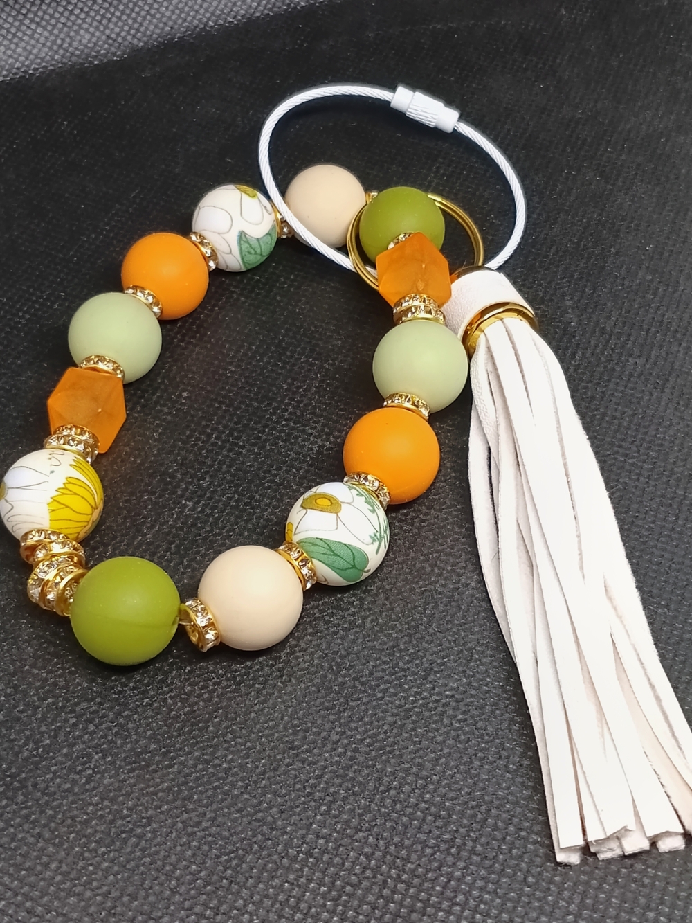 Beaded Tassel Keychain Bracelet - Green & Orange
